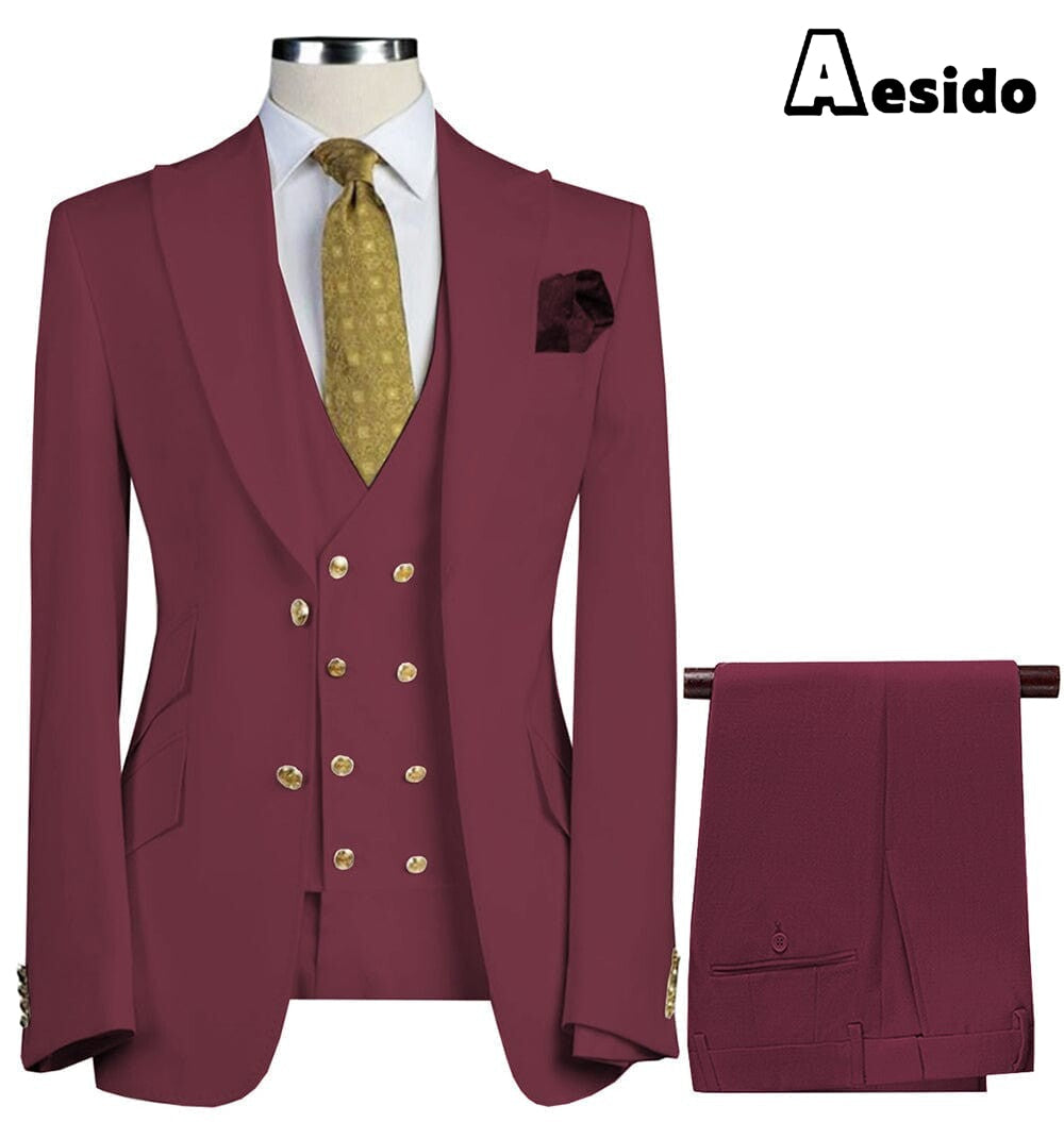 aesido Formal Peak Lapel 3 Pieces Mens Suit For Wedding Tuxedos (Blazer+vest+Pants)