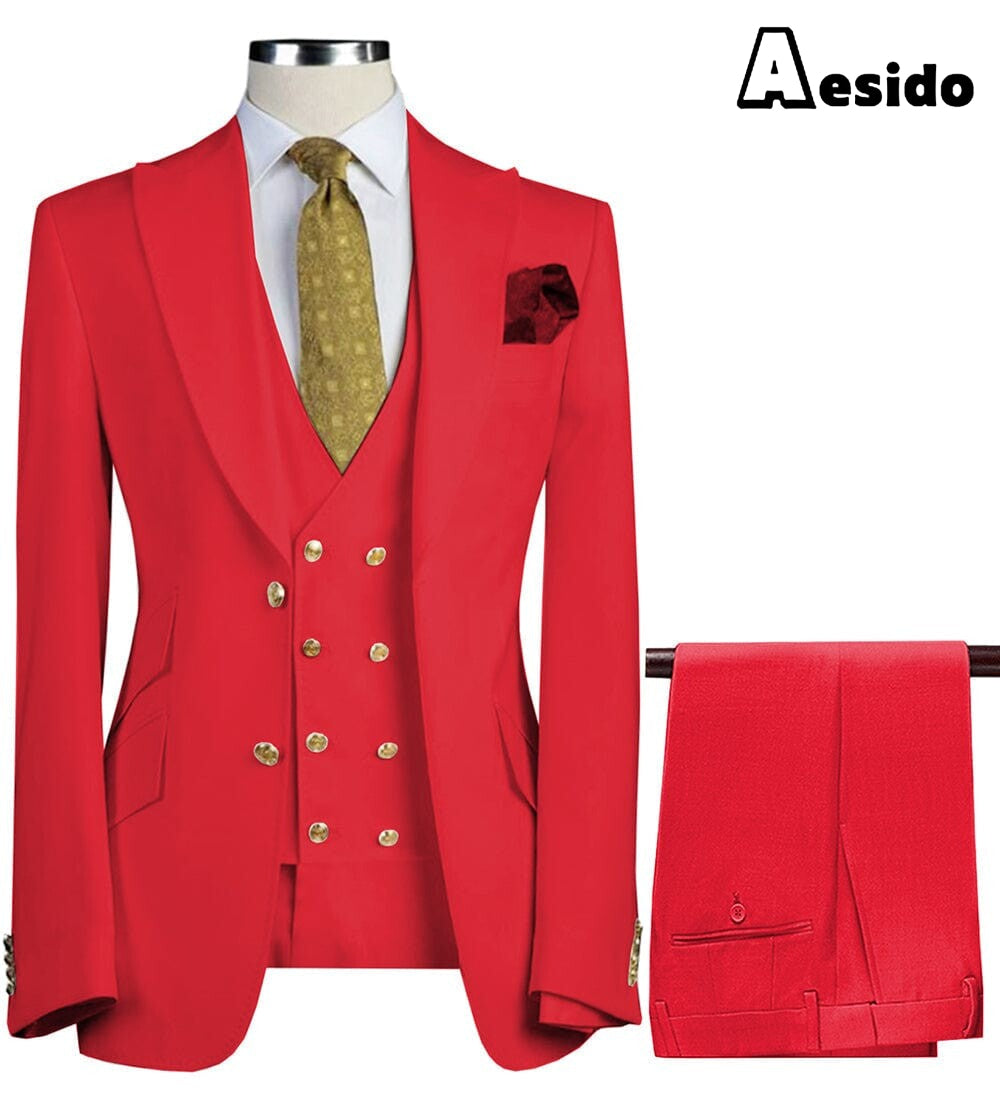 aesido Formal Peak Lapel 3 Pieces Mens Suit For Wedding Tuxedos (Blazer+vest+Pants)