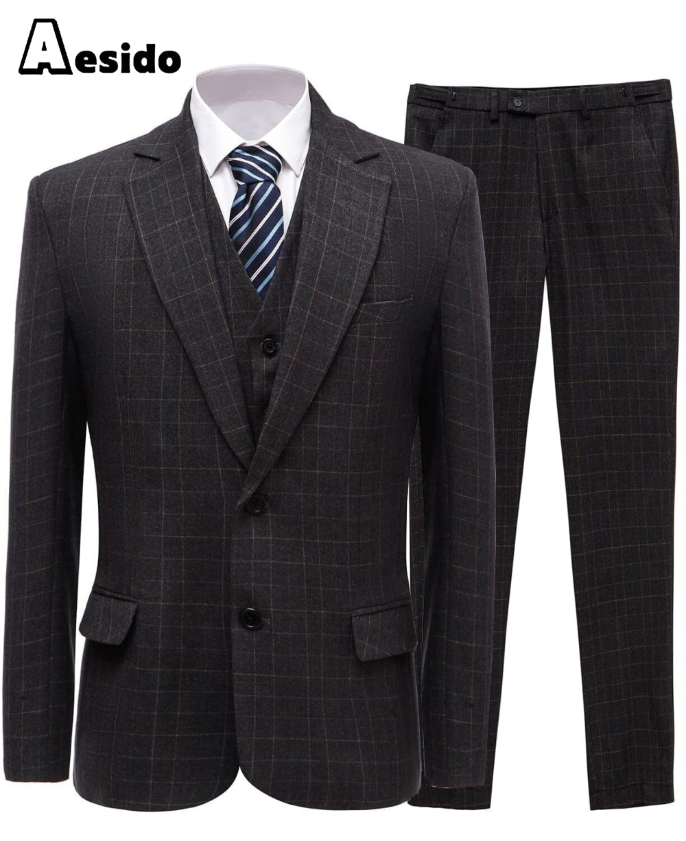 aesido Formal Plaid 3 Pieces Mens Suit Tuxedos (Blazer+vest+Pants)