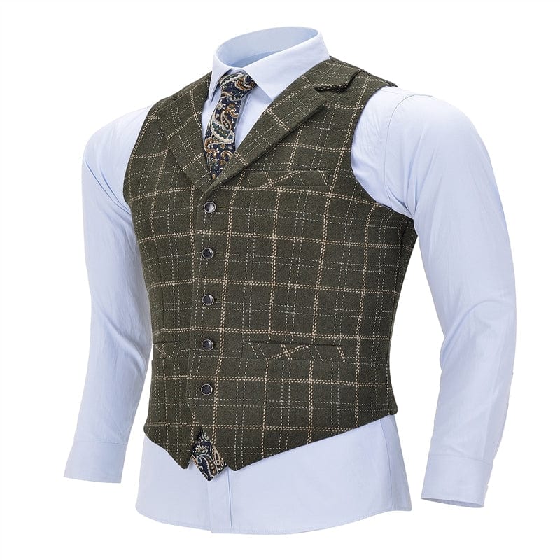 aesido Formal Slim Fit Suit Vest Plaid Notch Lapel Waistcoat