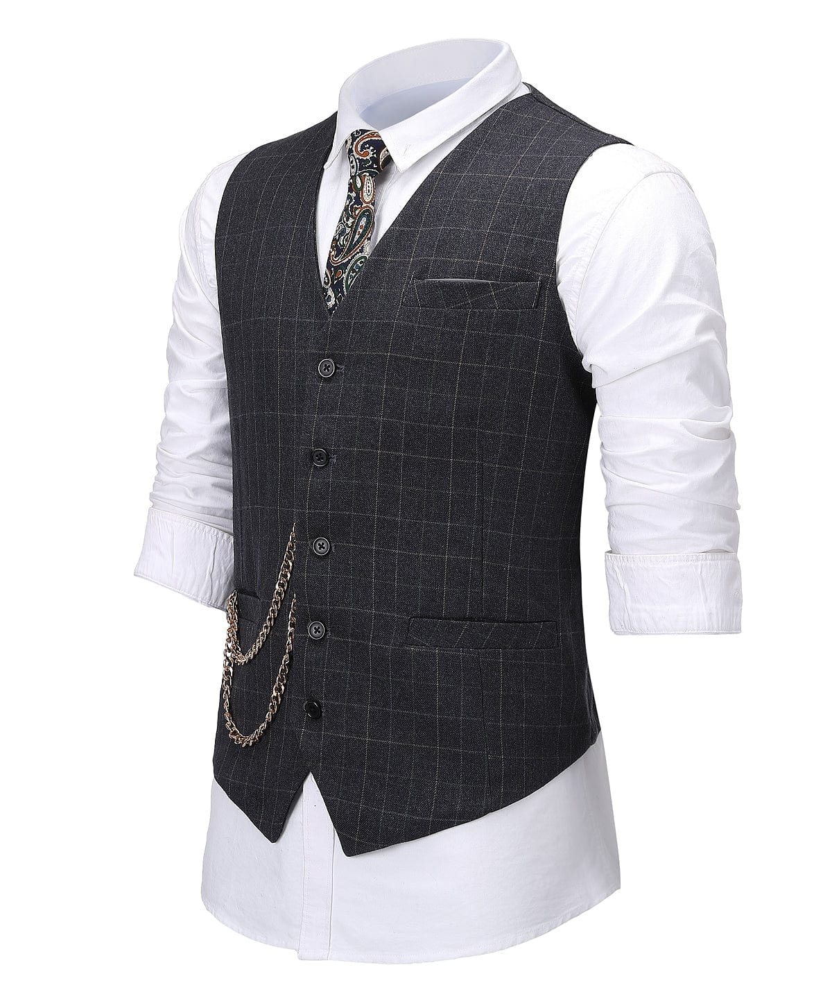 aesido Formal Suit Vest Black Plaid V Neck Waistcoat