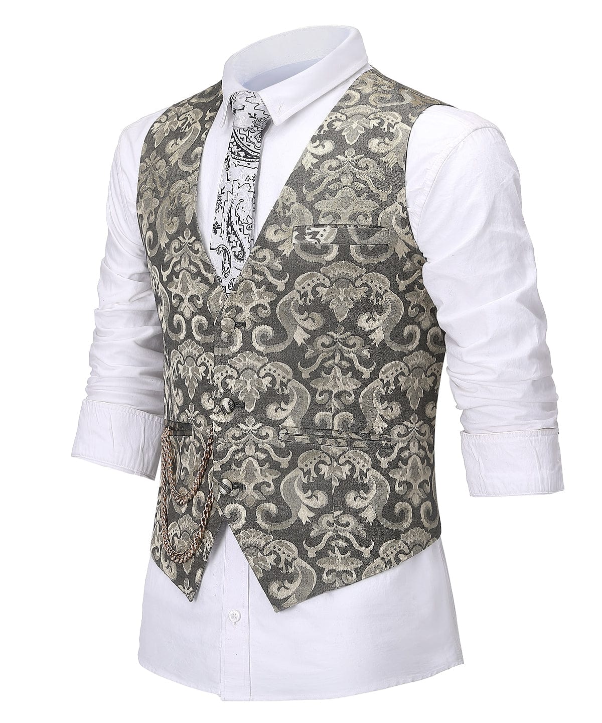 Aesido Gold Patterned V Neck Waistcoat