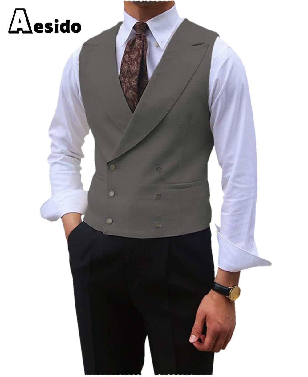 aesido Leisure Double Breasted Peak Lapel Men Waistcoat