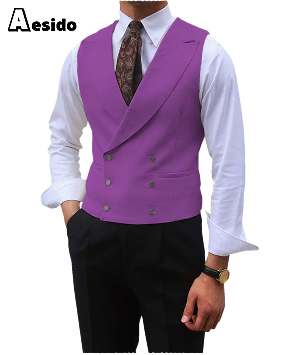 aesido Leisure Double Breasted Peak Lapel Men Waistcoat