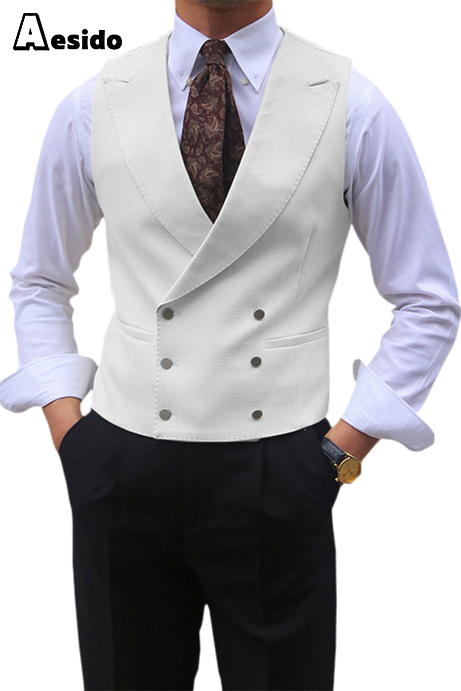 aesido Leisure Double Breasted Peak Lapel Men Waistcoat