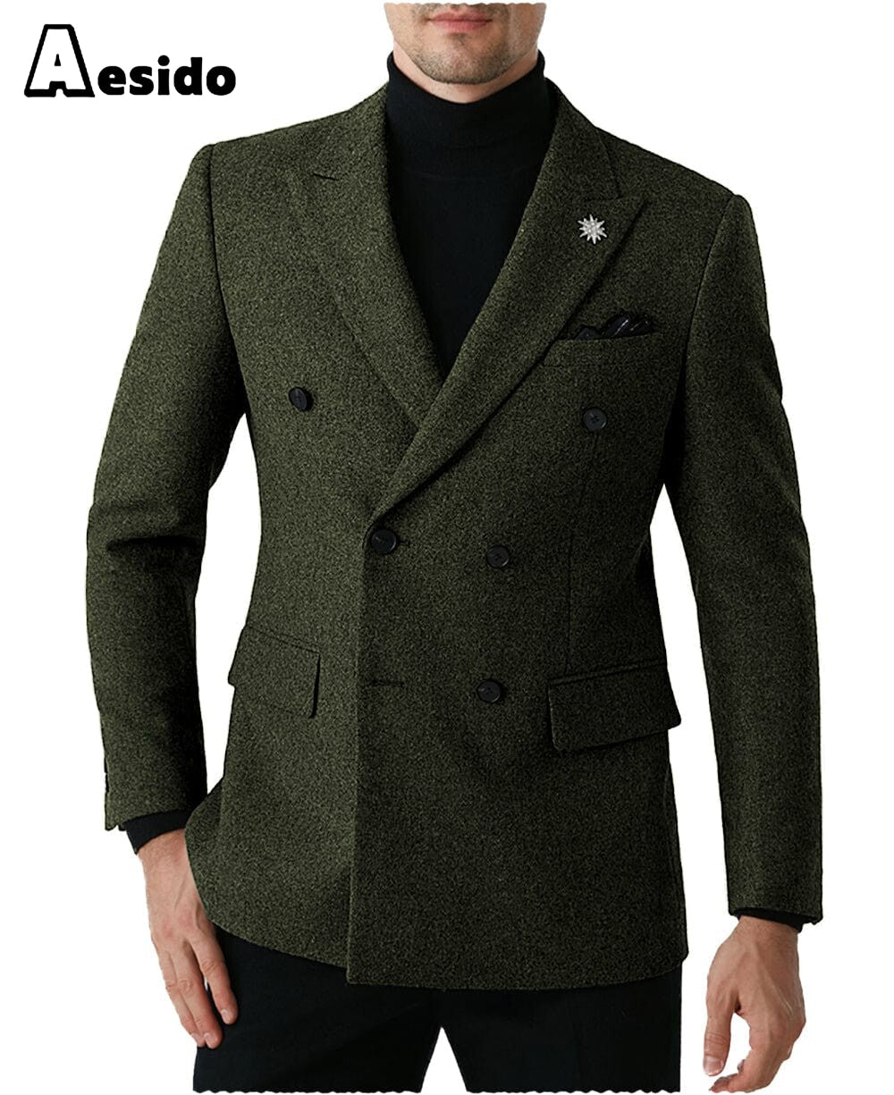 aesido Men Double Button Notch Lapel Tweed Blazer