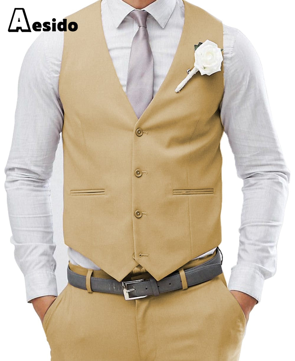 aesido Men's 2 Pieces Single Breasted V Neck Waistcoat（Vest+Pants）