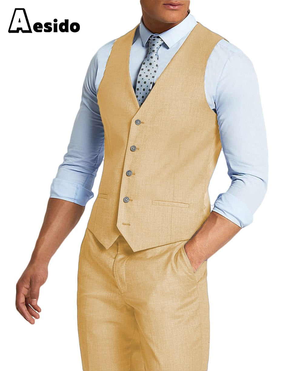 aesido Men's 2 Pieces Single Breasted V Neck Waistcoat（Vest+Pants）