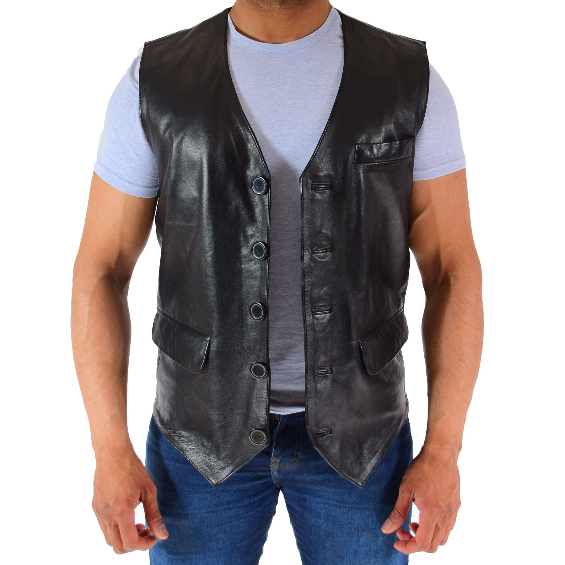 aesido Men's Black Vintage V Neck Leather Vest