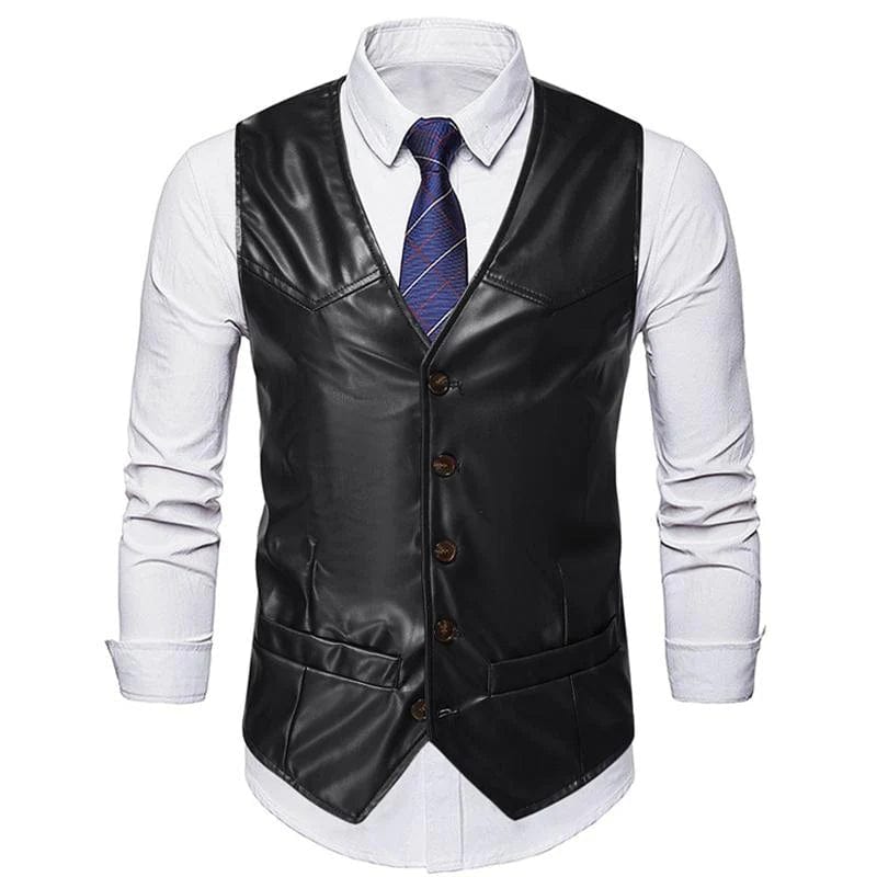 aesido Men's Business Casual Single Breasted V Neck Leather Vest