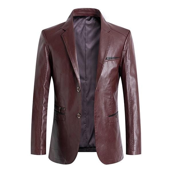 aesido Men's Casual Notch Lapel Double Button Leather Blazer