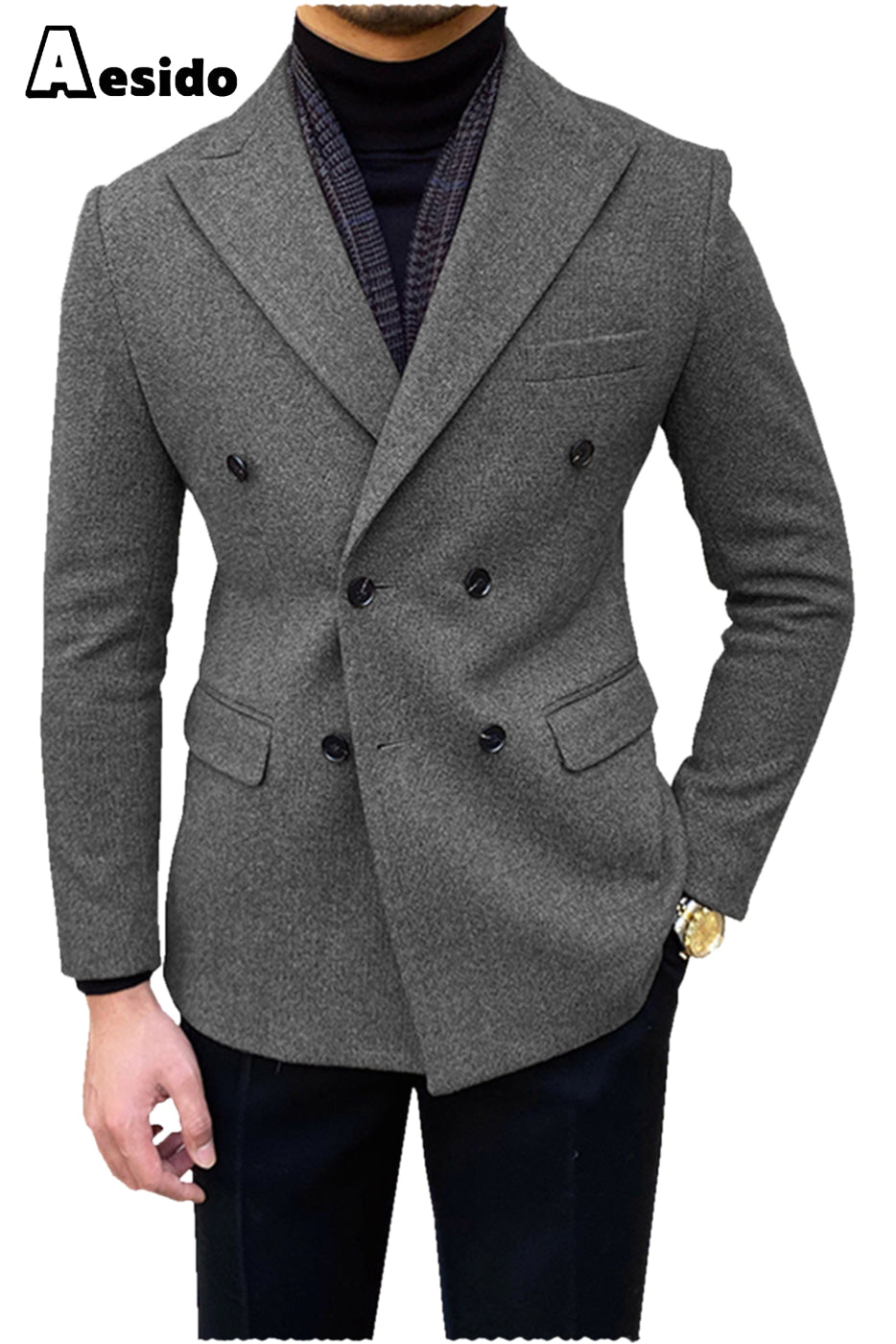 aesido Men's Double Breasted Peak Lapel Blazer