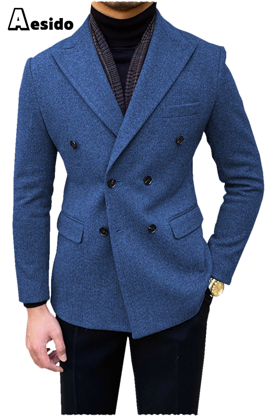 aesido Men's Double Breasted Peak Lapel Blazer