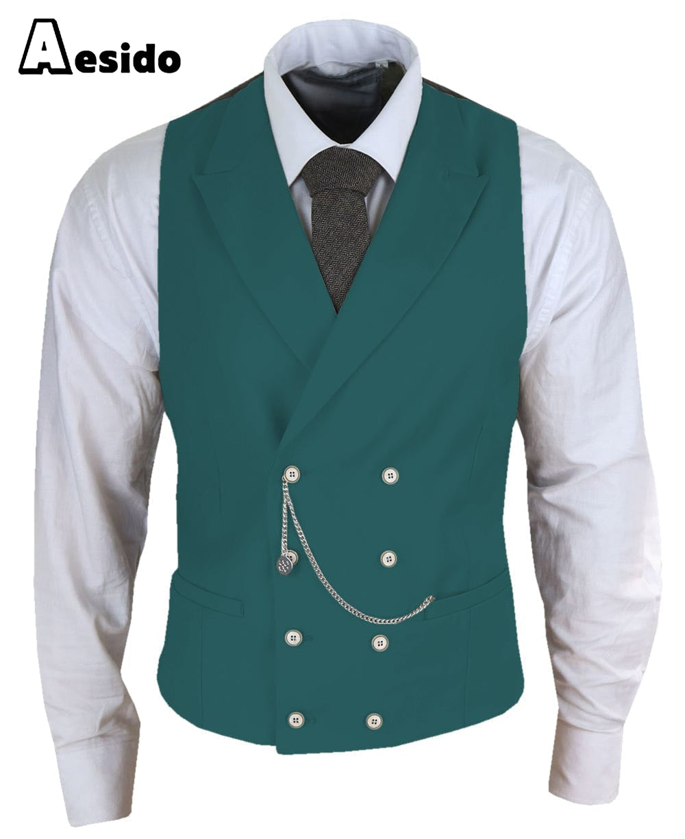 aesido Men's Double Breasted Peak Lapel Waistcoat