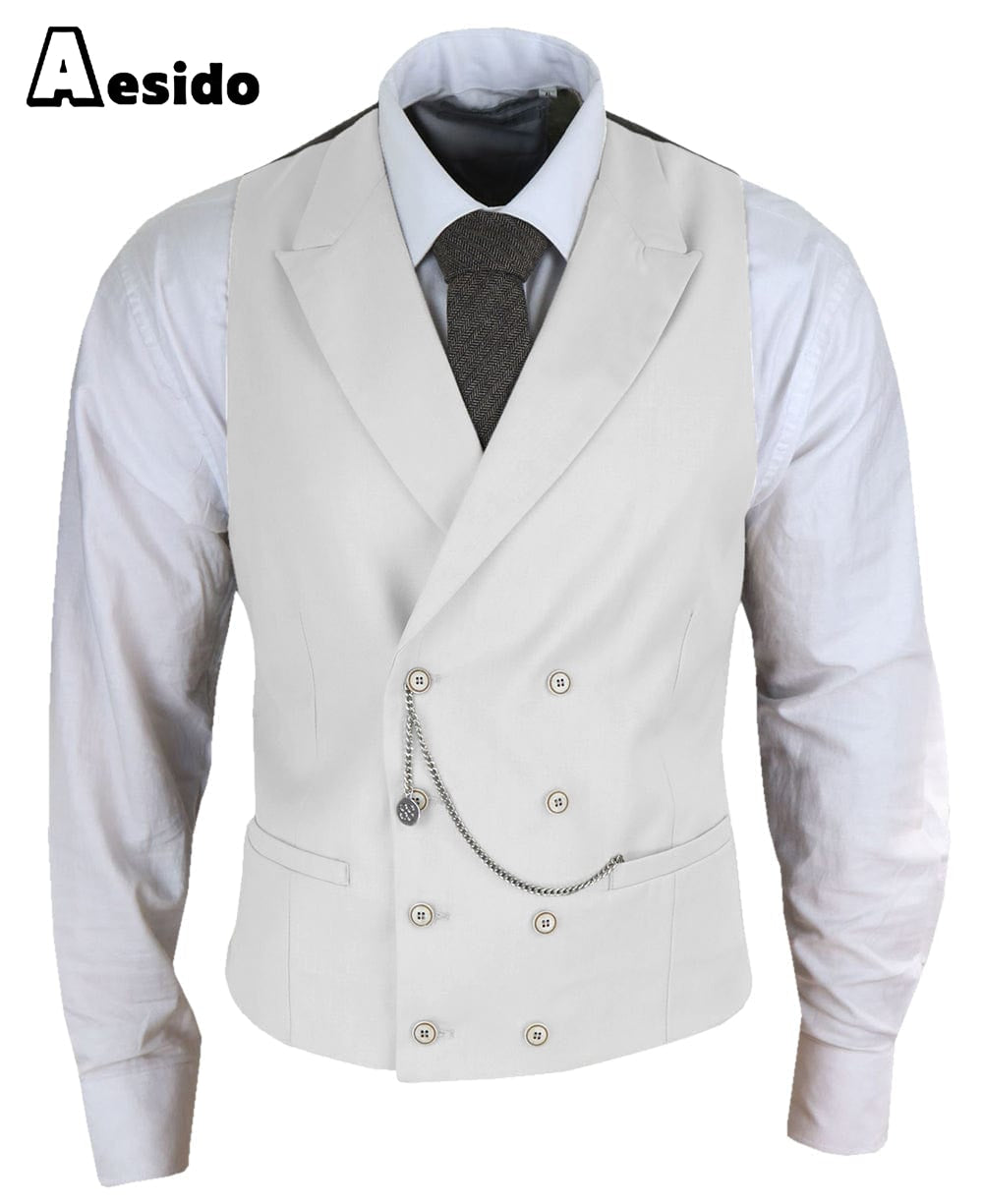 aesido Men's Double Breasted Peak Lapel Waistcoat