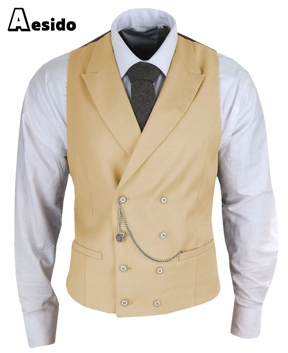 aesido Men's Double Breasted Peak Lapel Waistcoat