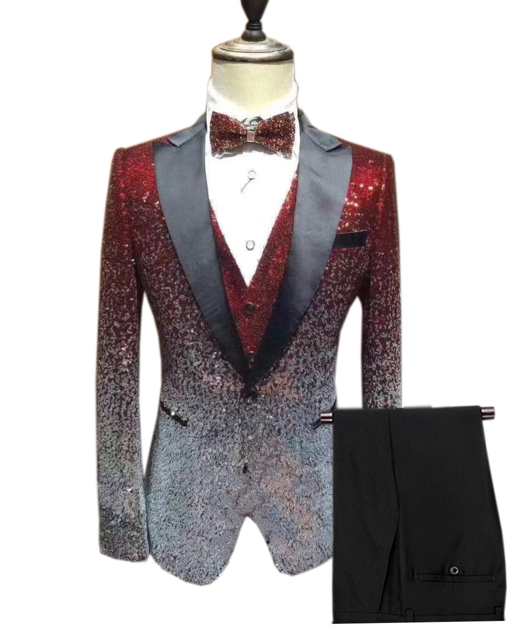 aesido Men's Fashion Gradient Sequined Tuxedo Suit Peak Lapel Men's Suit (Blazer + Vest + Pants)