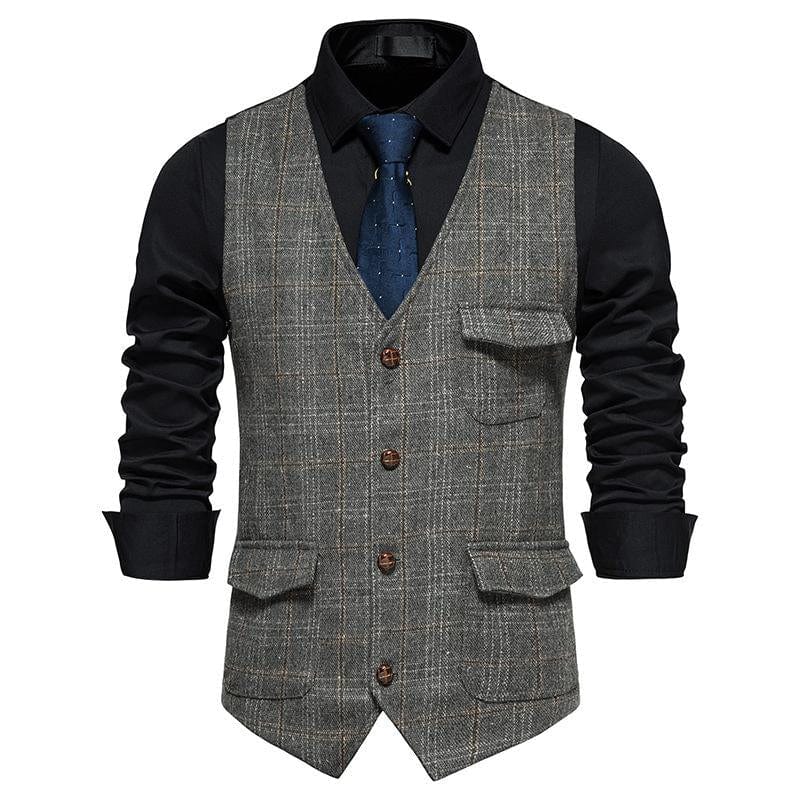 aesido Men's Plaid Multi Pocket V Neck Vest