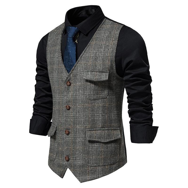 aesido Men's Plaid Multi Pocket V Neck Vest