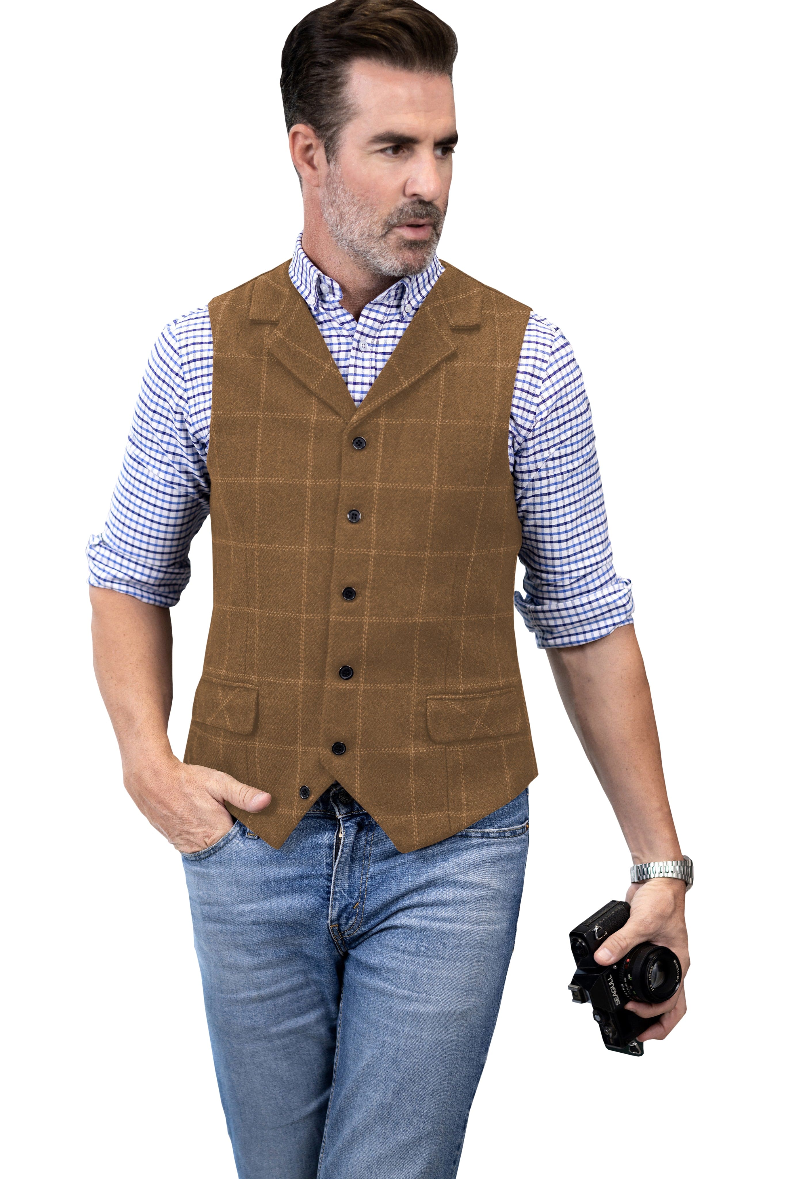 aesido Men's Plaid Single Breasted  Notch Lapel Casual Vest