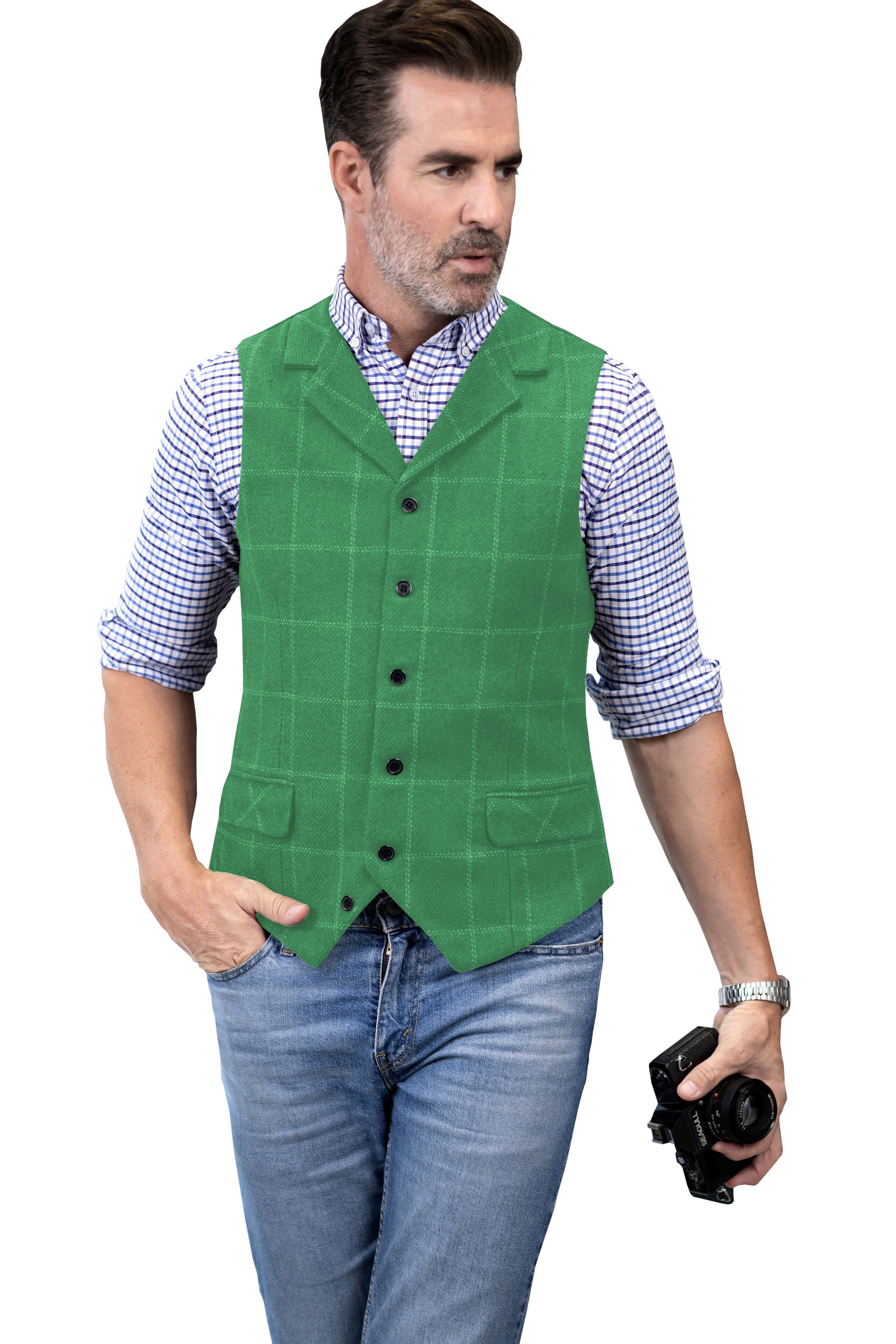 aesido Men's Plaid Single Breasted  Notch Lapel Casual Vest