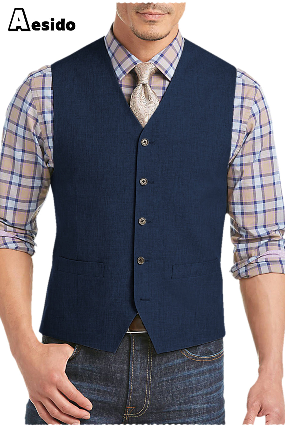 aesido Men's Suit Single Breasted V Neck Waistcoat