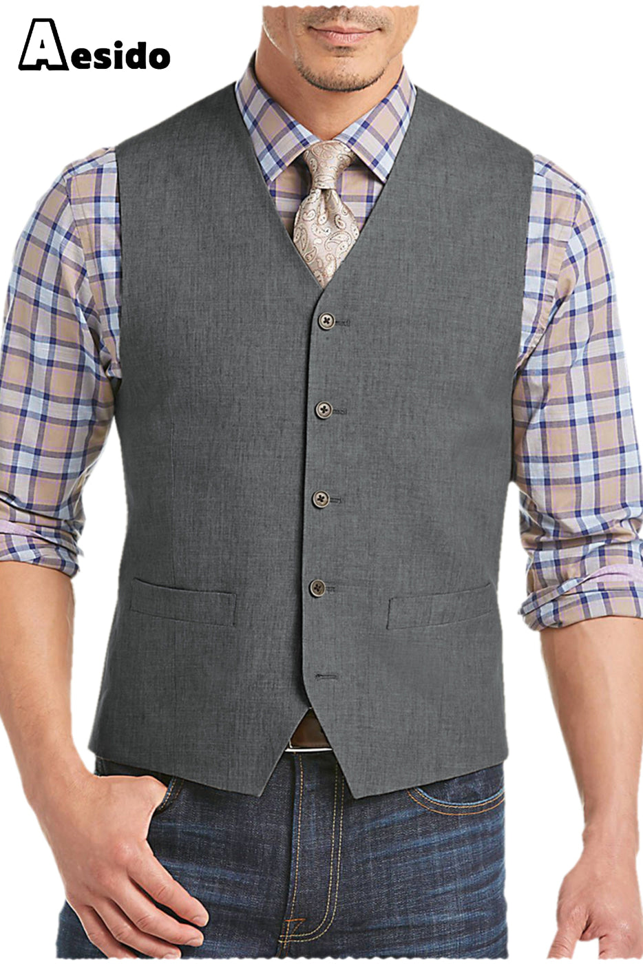 aesido Men's Suit Single Breasted V Neck Waistcoat