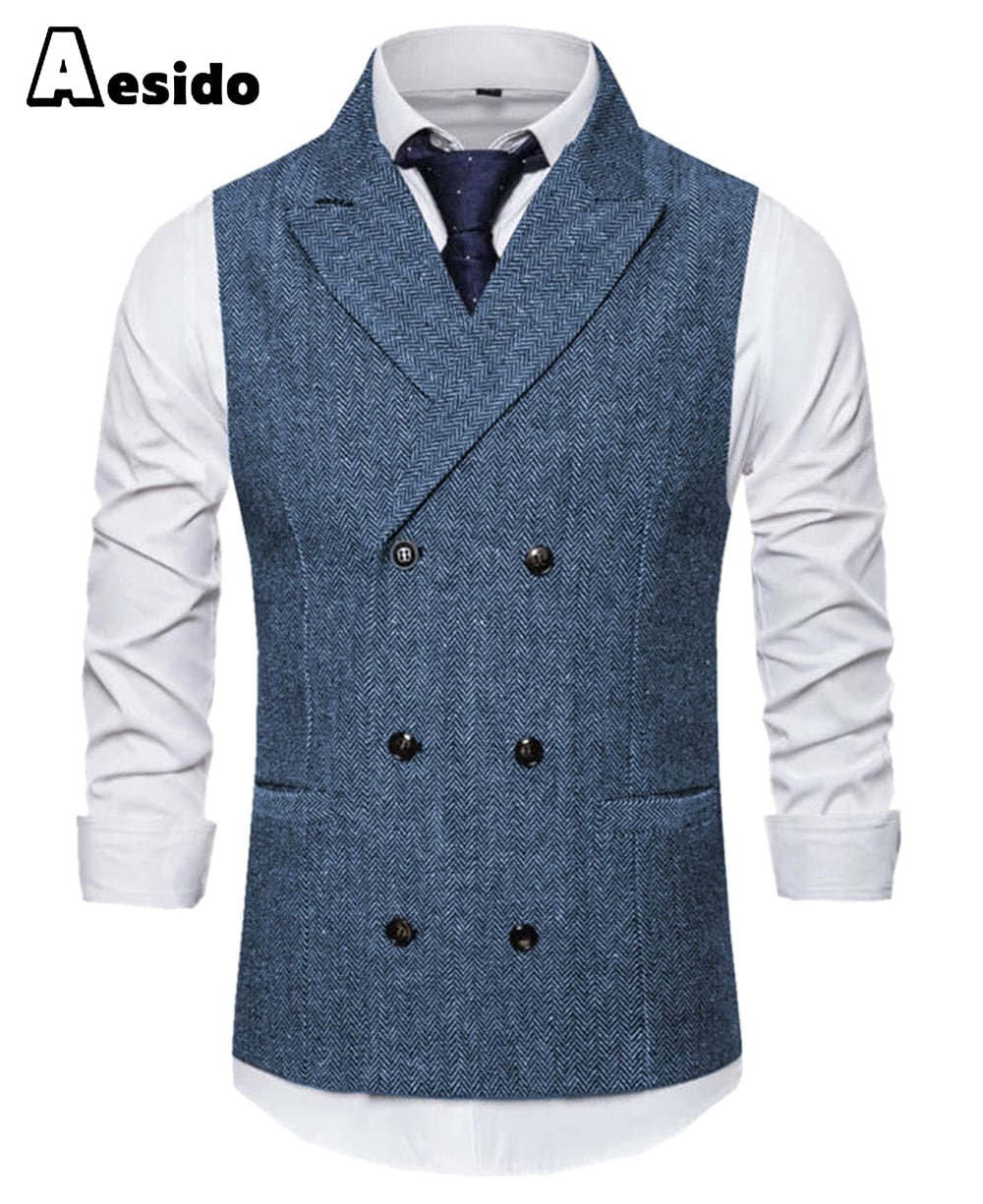 aesido Men's Vest Double Breasted Peak Lapel Waistcoat