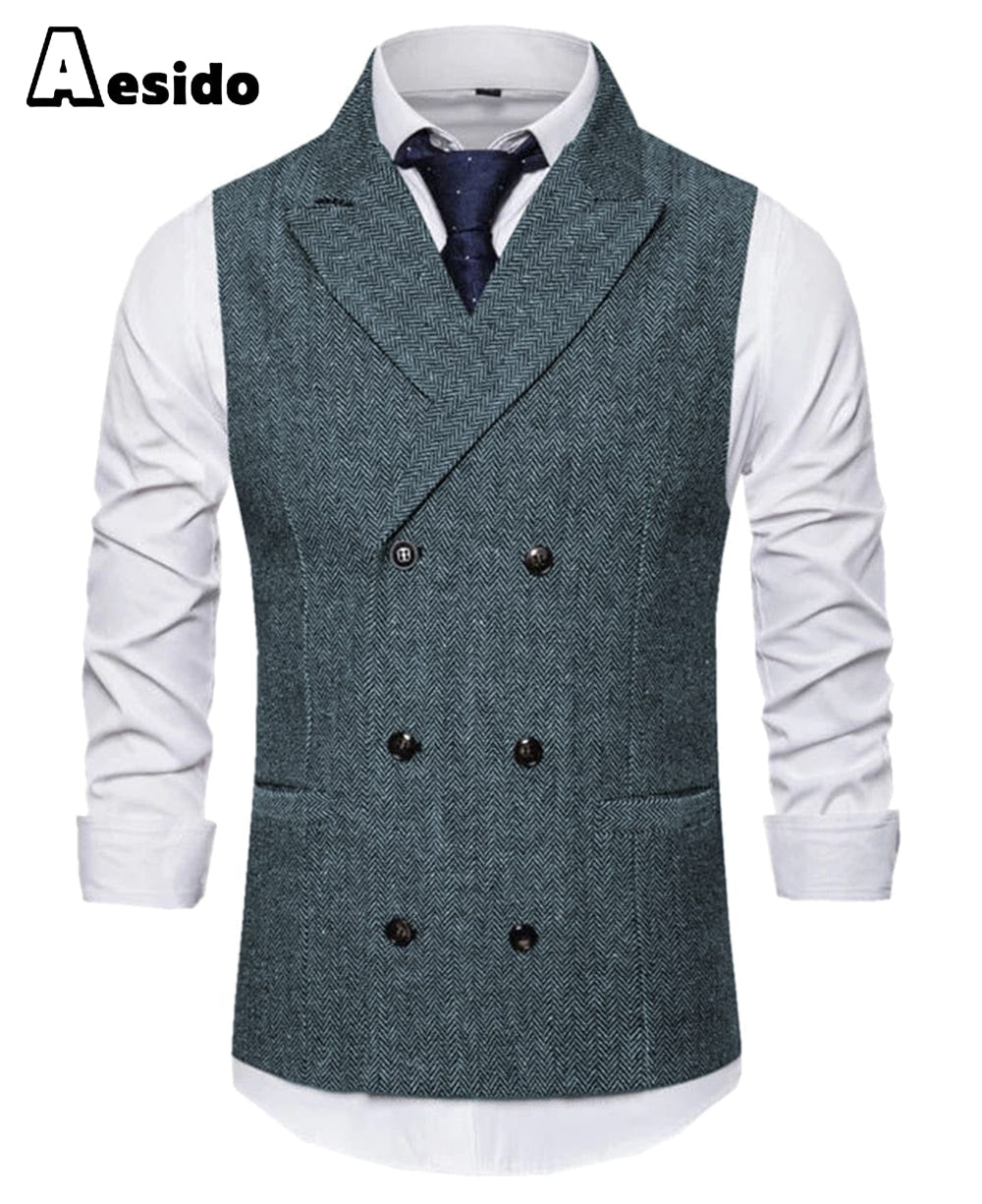 aesido Men's Vest Double Breasted Peak Lapel Waistcoat