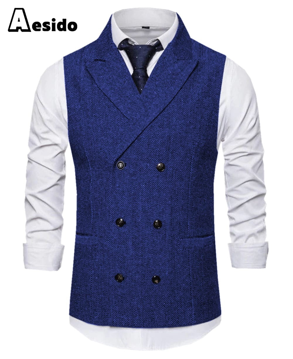 aesido Men's Vest Double Breasted Peak Lapel Waistcoat