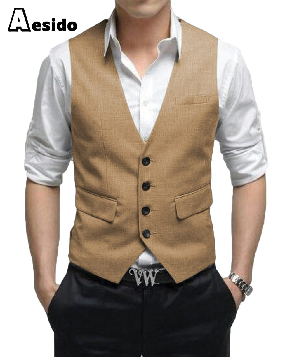 aesido Men's Vest Single Breasted V Neck Waistcoat