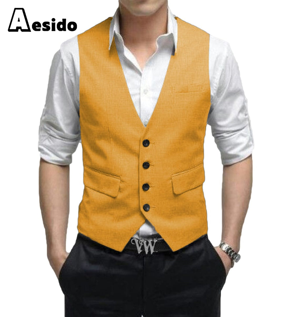 aesido Men's Vest Single Breasted V Neck Waistcoat