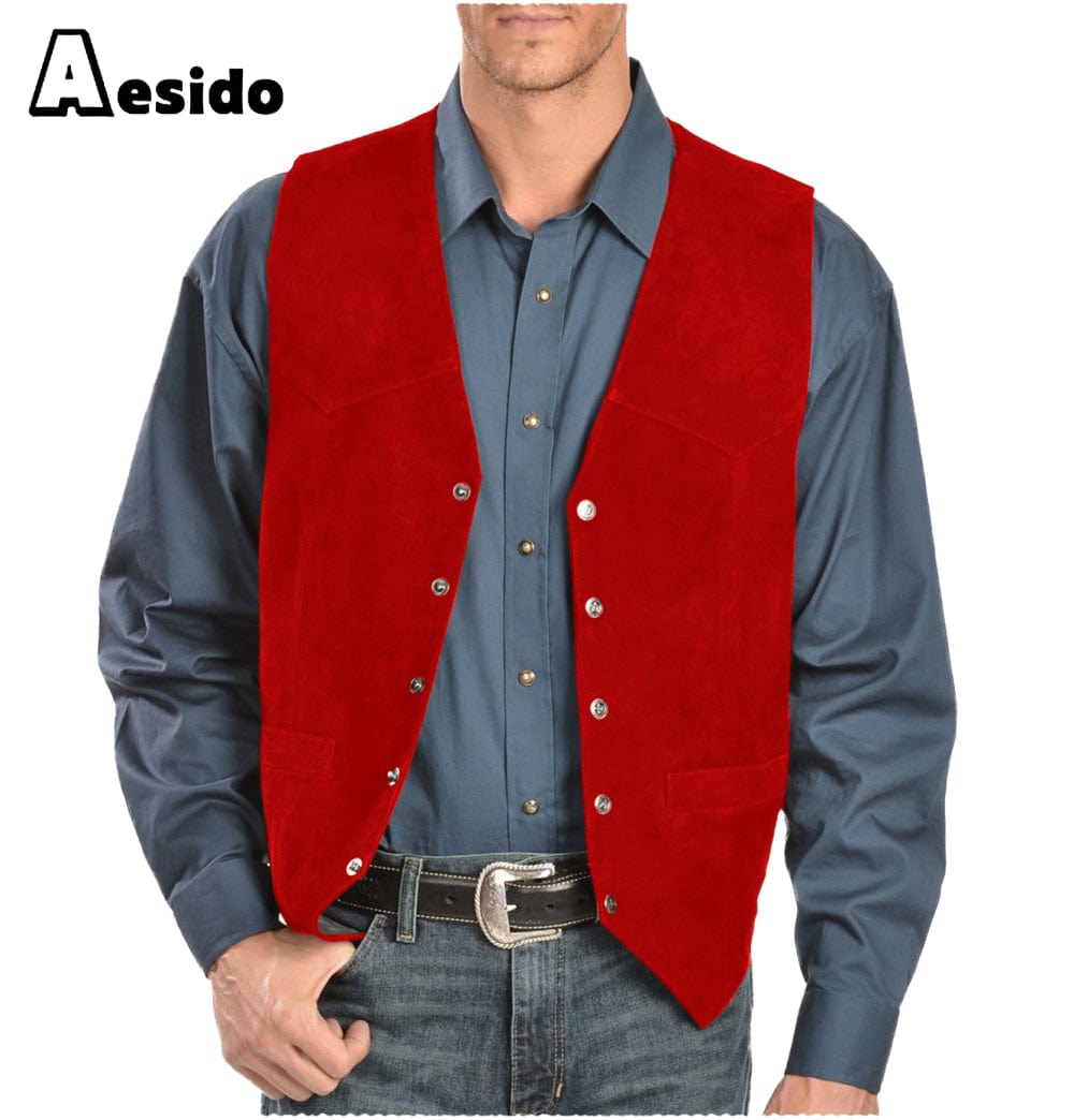 aesido Mens Casual Suede V Lapel Single Breasted Waistcoat