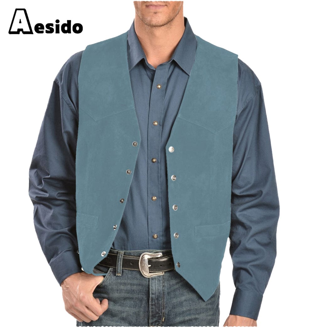 aesido Mens Casual Suede V Lapel Single Breasted Waistcoat