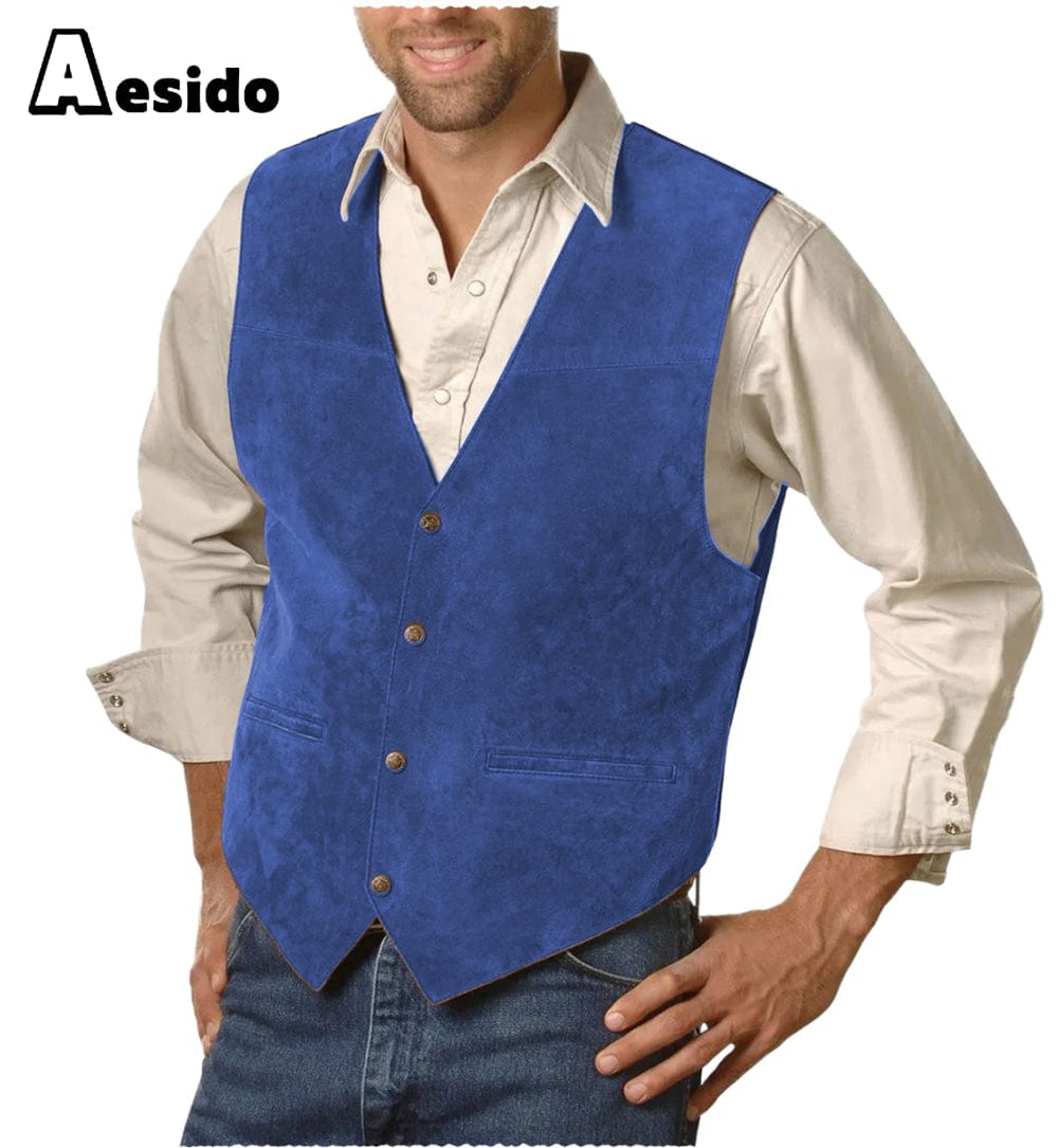 aesido Mens Single Breasted V Lapel Casual Suede Waistcoat