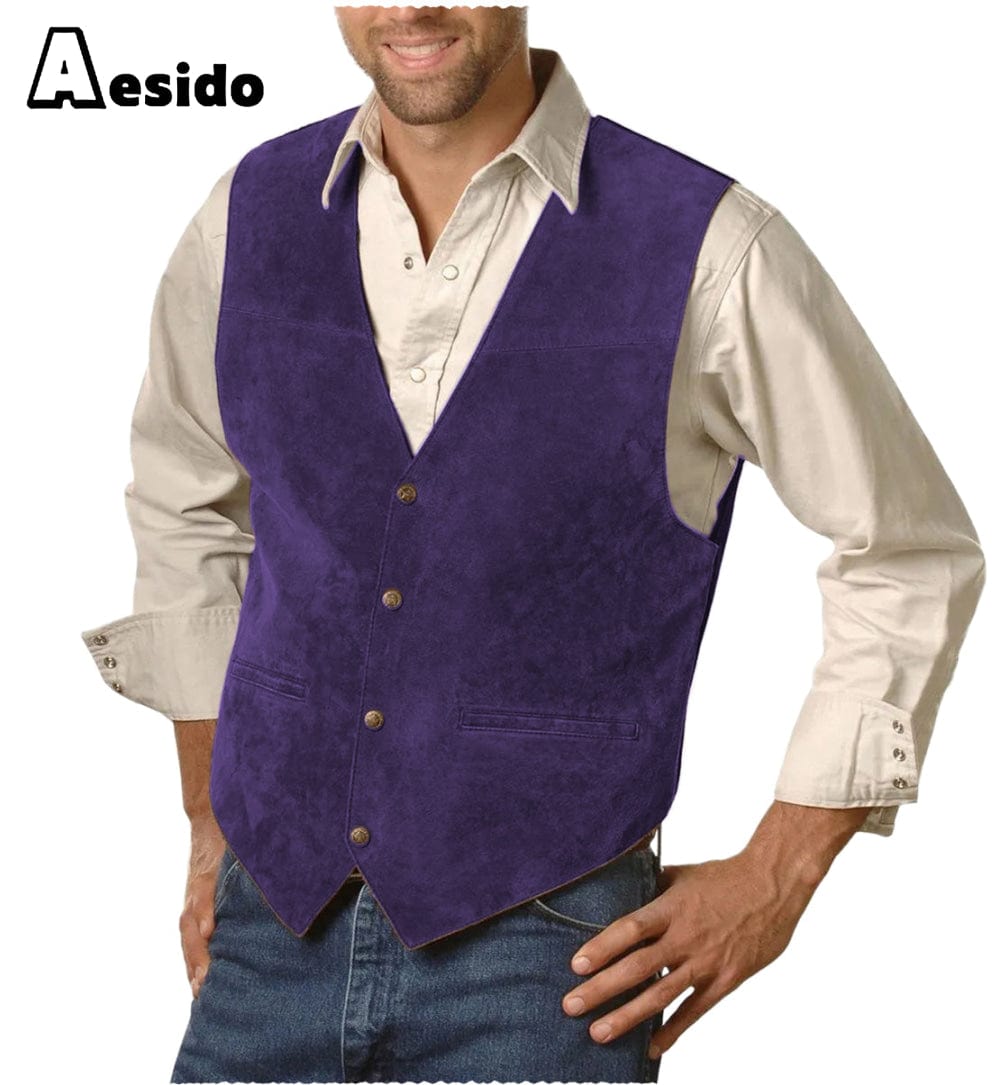 aesido Mens Single Breasted V Lapel Casual Suede Waistcoat