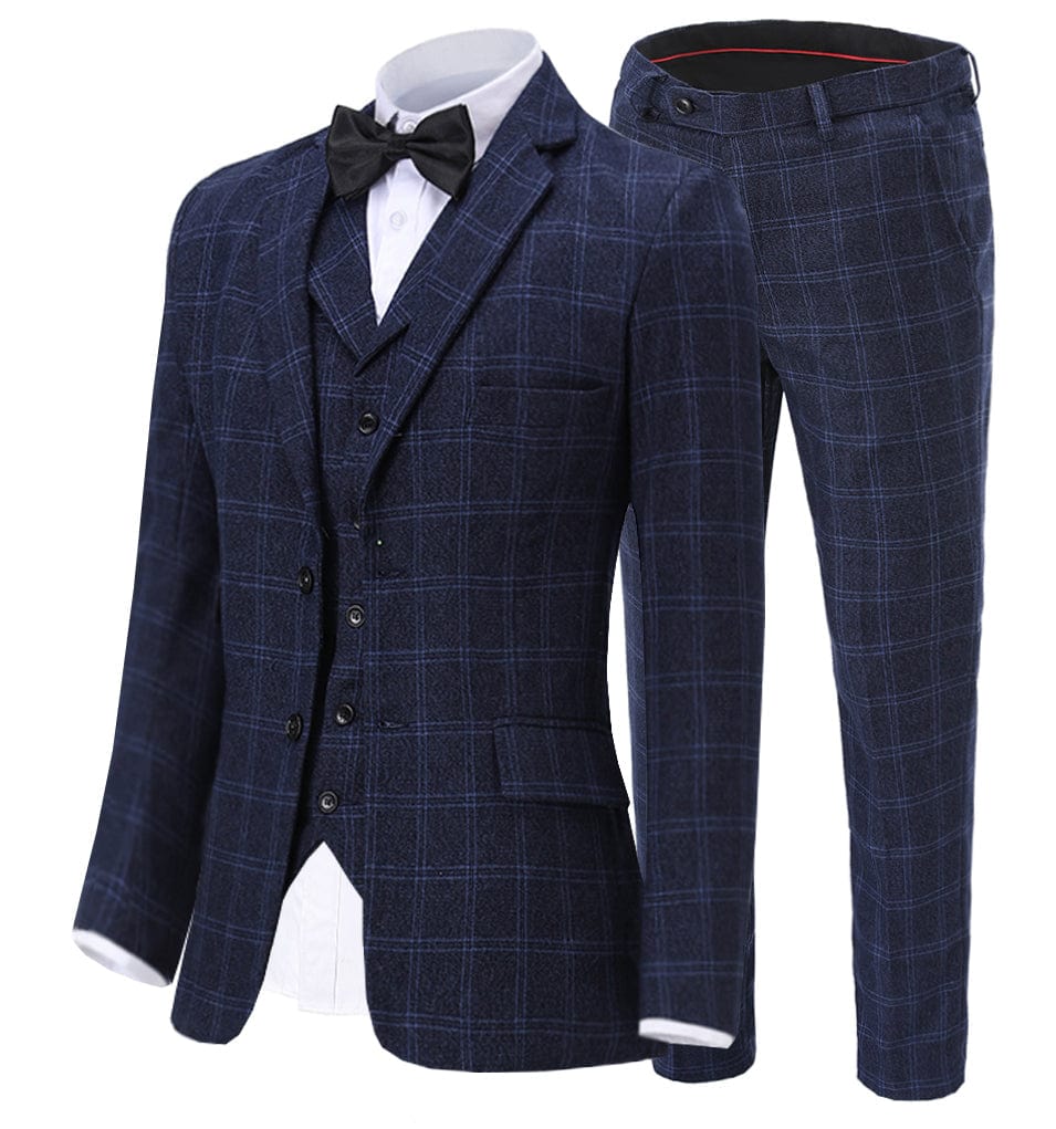 aesido Plaid Notch Lapel 3 Pieces Mens Suit For Wedding (Blazer+vest+Pants)