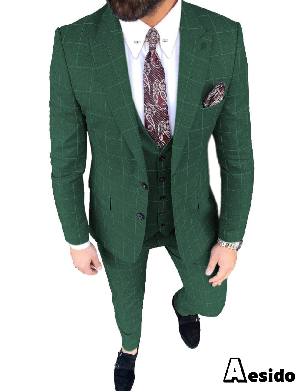 aesido Plaid Peak Lapel 3 Pieces Mens Suit (Blazer+vest+Pants)