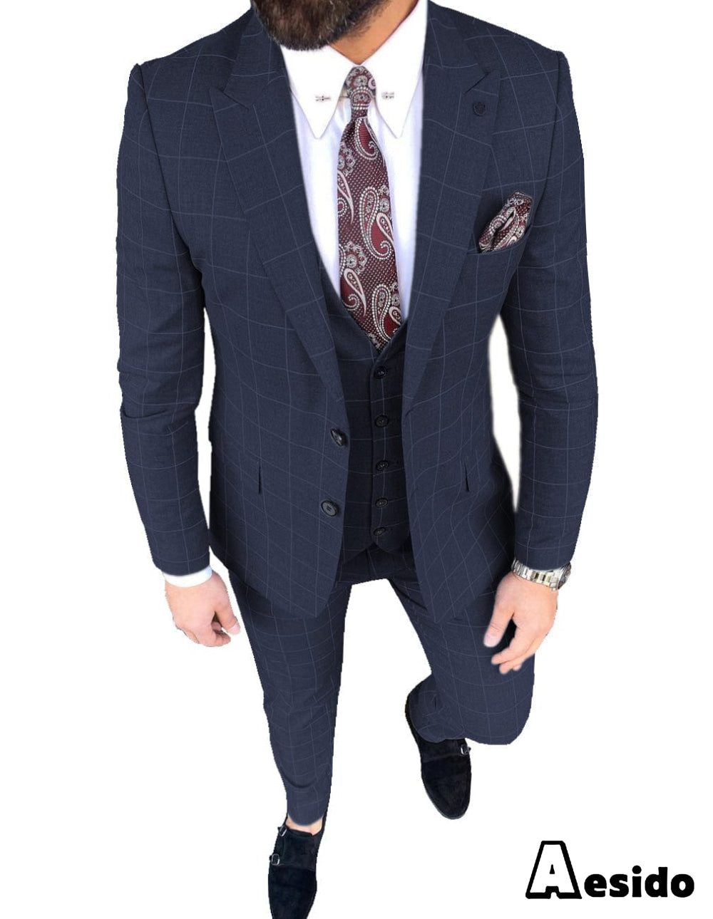 aesido Plaid Peak Lapel 3 Pieces Mens Suit (Blazer+vest+Pants)