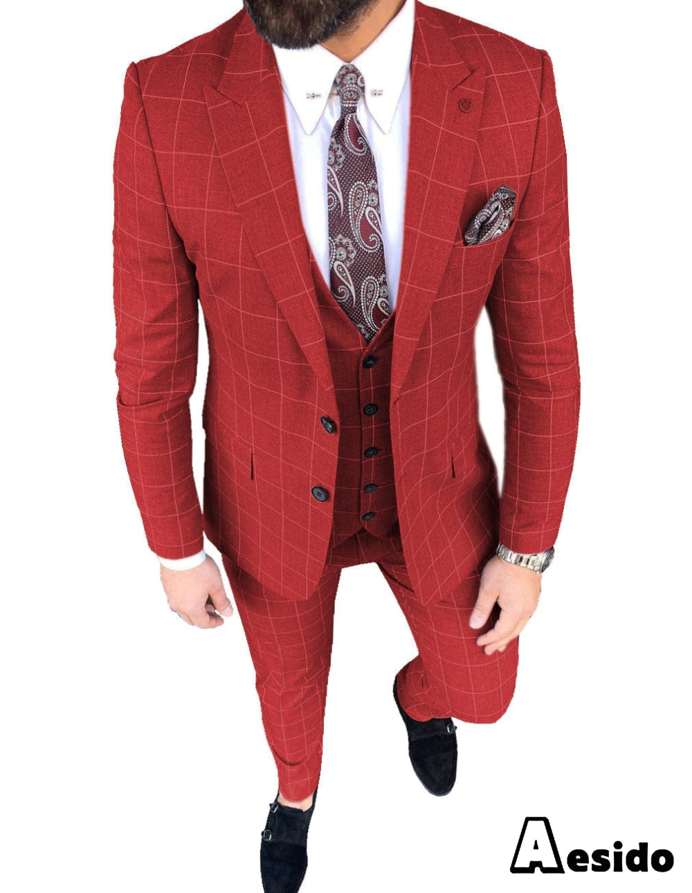 aesido Plaid Peak Lapel 3 Pieces Mens Suit (Blazer+vest+Pants)