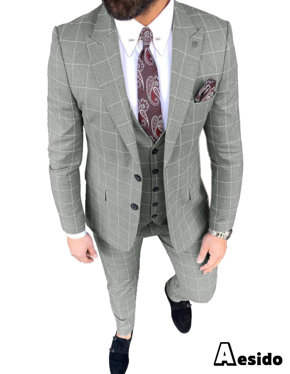 aesido Plaid Peak Lapel 3 Pieces Mens Suit (Blazer+vest+Pants)