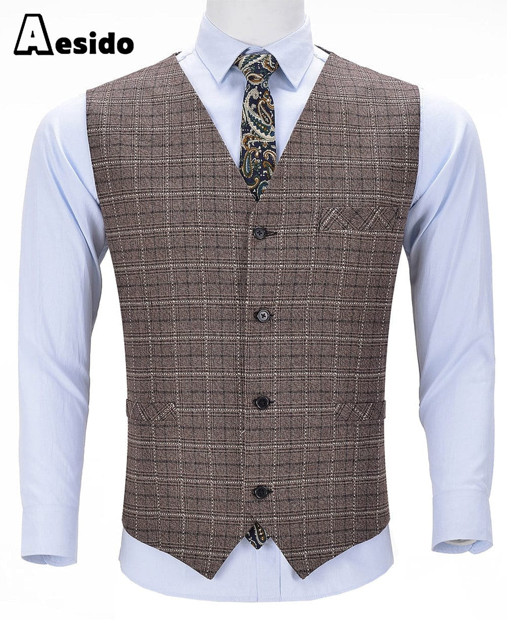 aesido Plaid V Neck Waistcoat Formal Solid Men's Suit Vest